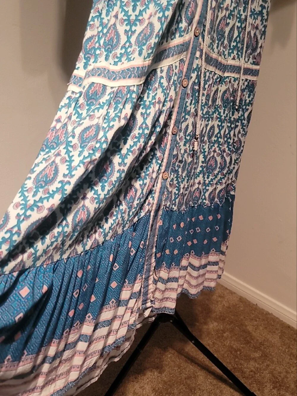 Free People Boho Chic Button-Front Midi Dress in Teal Pink and White